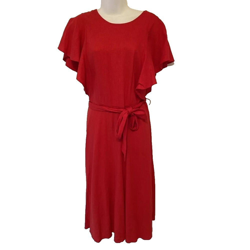 Who What Wear Womens XXL Linen Midi Red Dress Flutter Preppy Nautical Classic